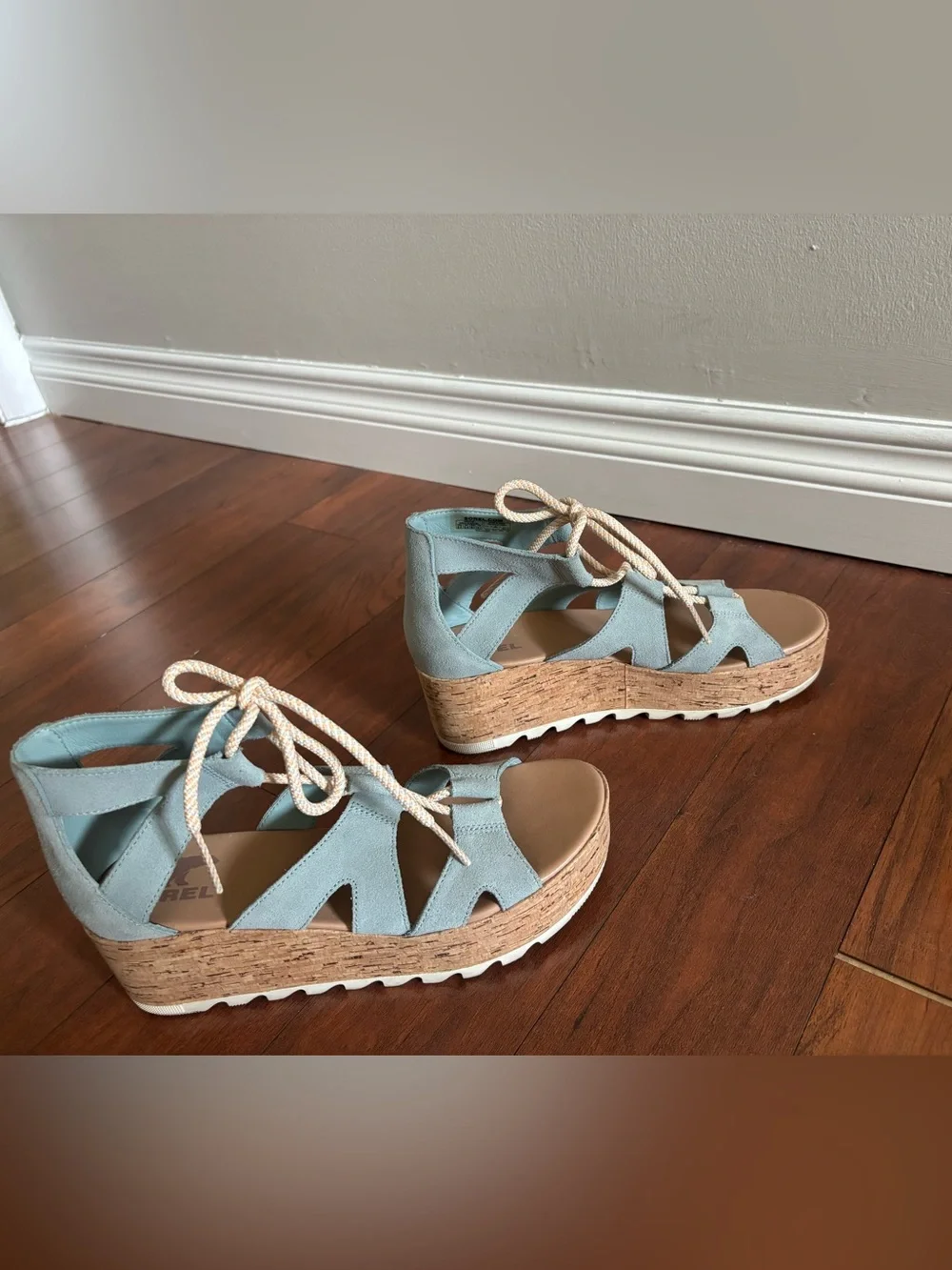Sorel Mint Blue Lace-Up Cork Wedge Sandals
